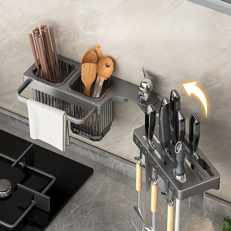 Made of Durable Plastic, Foldable Rotating Knife Rack Wall-Mounted - Space-Saving Kitchen Organizer Suitable for Modern Home or Commercial Use, Kitchen Accessories with Towel Bar and Drain Cup