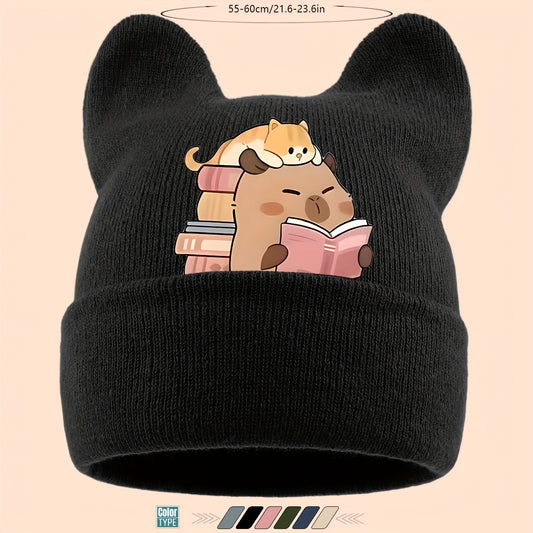 1pc Warm Soft Ear Beanie Hat with Cute Capybara Print