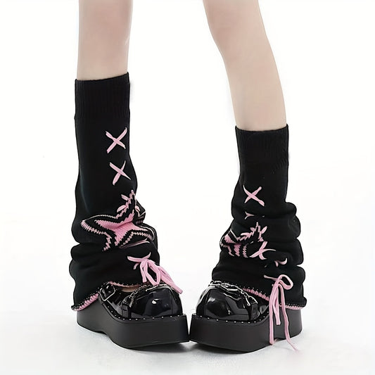 1 Pair Autumn/Winter Japanese Style Star Embroidery Cross Strap Flare Socks Set Y2K Harajuku Color Block Five-Pointed Star Cosplay Wide-Leg Leggings