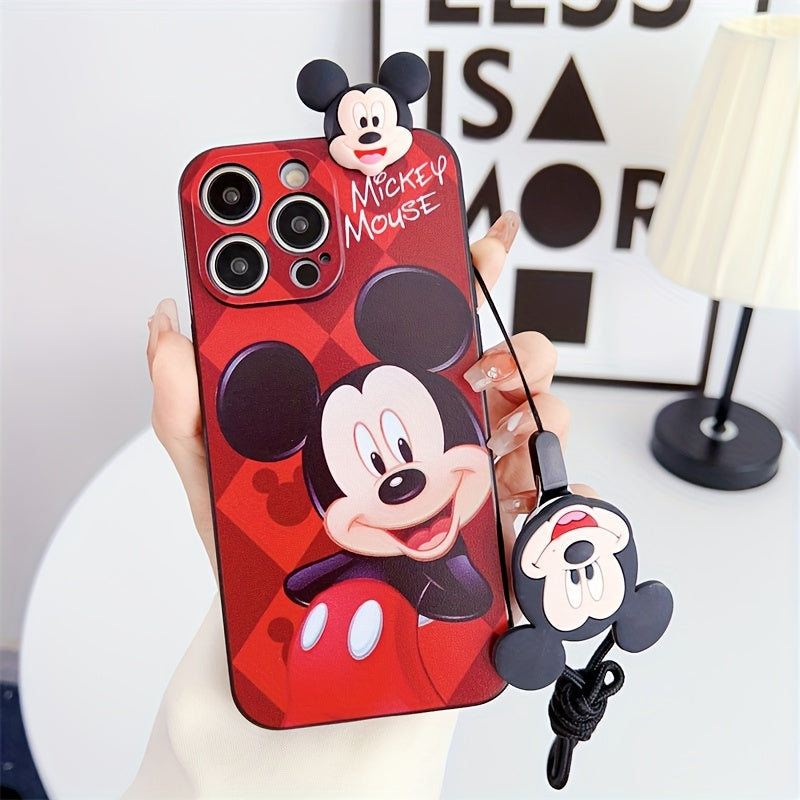 Disney Mickey Minnie with Bracket Hanging Rope Mobile Phone Case, Suitable for iPhone 16/15/14/13/12/11/XS/XR/X Plus Pro Max TPU Cartoon Cute Fashion Full Cover Mobile Phone Case, Ideal Gift