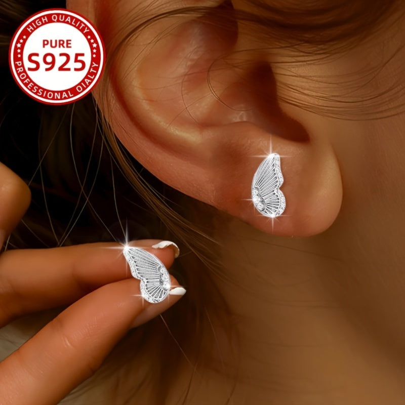 1 Pair Elegant Butterfly Wing Stud Earrings, 925 Sterling Silver, Synthetic Zirconia, Coquette Style, Animal Theme, Lightweight 2.17G, Perfect for Daily Wear, Parties, And Gifting