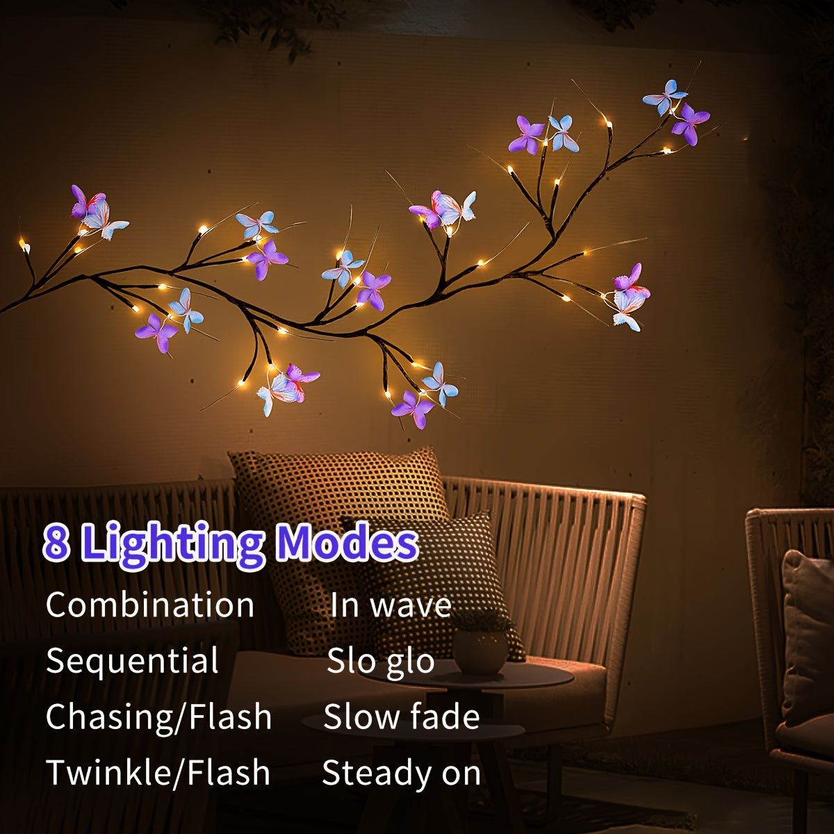[Enchanted Willow Lights] USB Powered 1pc Resin Enchanted Willow Vine Lights with Butterflies | Wall Decor, ≤36V, for Christmas, Home, Bedroom, Valentine's Day, Easter Holiday Gift