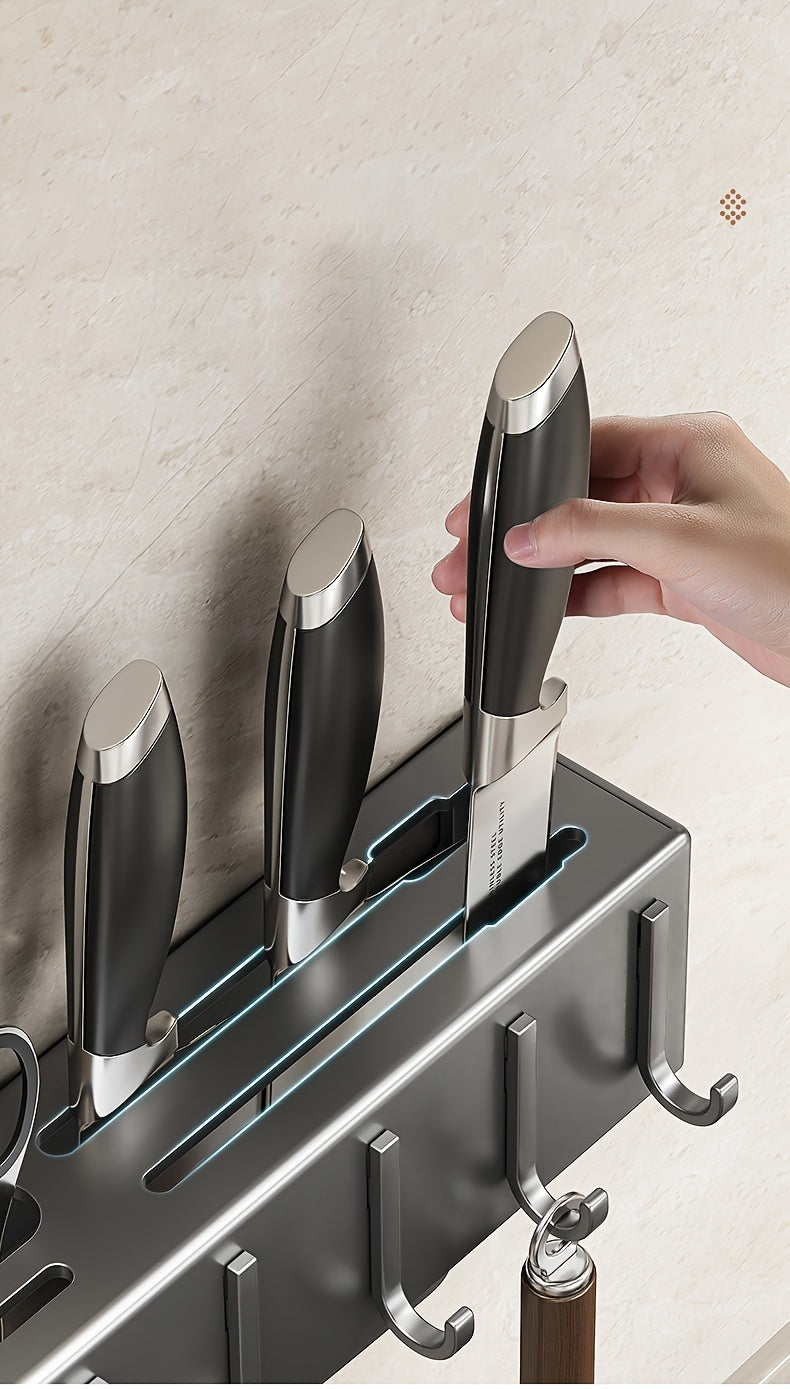 Space-Saving 1pc Multi-functional Metal and Plastic Wall-Mounted Kitchen Utensil Rack, No-Drill Cutlery Storage Shelf, Easy to Install Kitchen Organizer for Kitchen Tools and Accessories