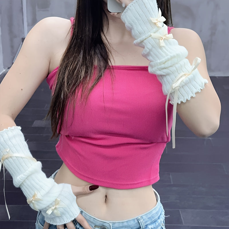 [Y2K Chic Gloves] Pink Bow Y2K Chic Fingerless Gloves - Sweet Style JK Fashion Accessories with Ruffles