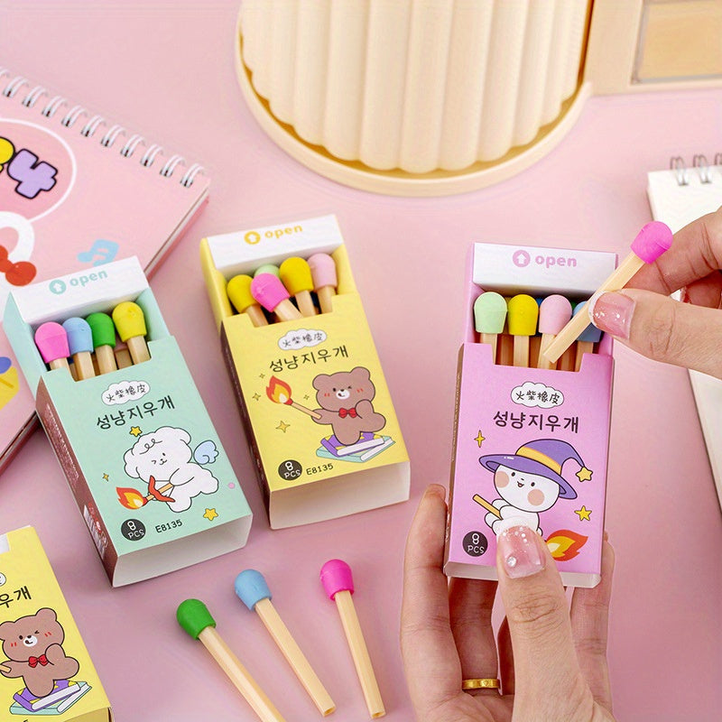 1 Box of 8 Fun Erasers - Creative Colorful Mini Matchstick Shaped Erasers, Holiday Gifts and Rewards, Boxed Eraser Set, Suitable for Christmas/New Year/Thanksgiving/Birthday/Family Gathering, Ideal for Adults over 14 Years Ol