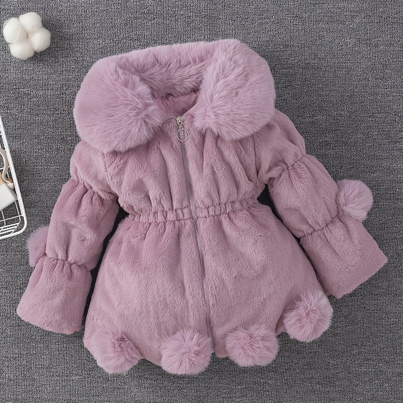 Girls' Winter Coat with Plush Fur-Lined Hood - Thick Fleece-Lined Zipper Front, Flared Hem & Pom-Pom Details, Cute Solid Color Outerwear for Fall/Winter, Cozy Warm Jacket for Cold Weather, Cozy Winter Wear, Playful Design, So