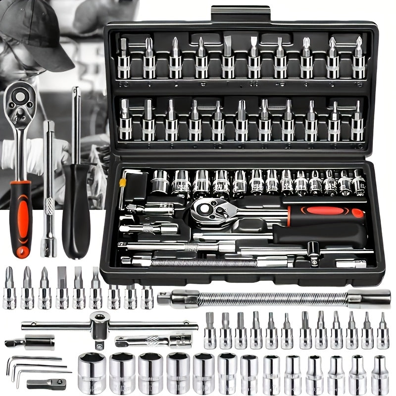 43pcs 1/4" Heavy-Duty Socket Set With Quick-Release Ratchet, Screwdriver Kit, And Extension For Manual Use On Automobiles And Trucks - Includes Durable Iron Construction,
