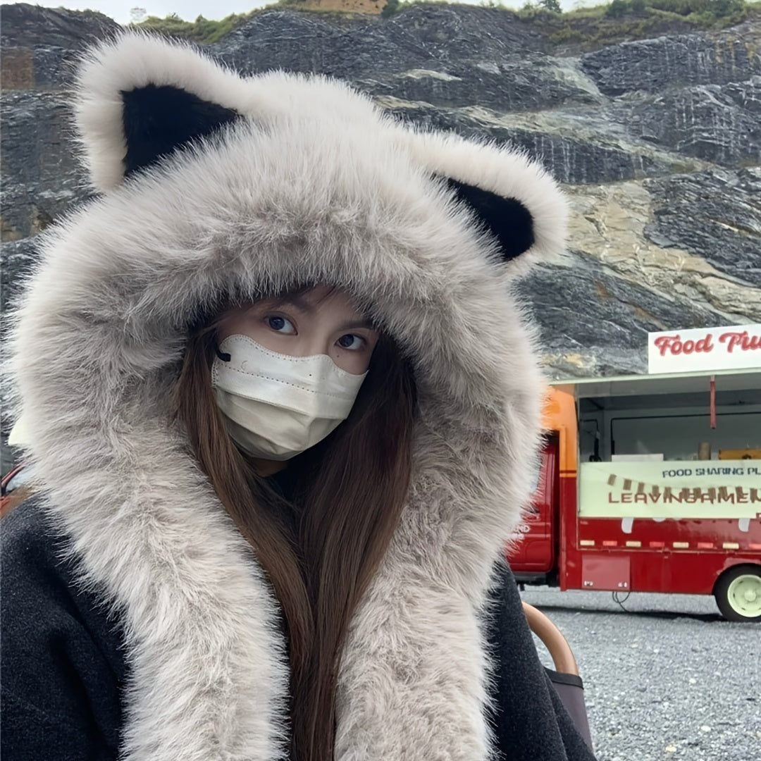 A Soft Polyester Faux Fur Cat Ear Hat with an Integrated Scarf