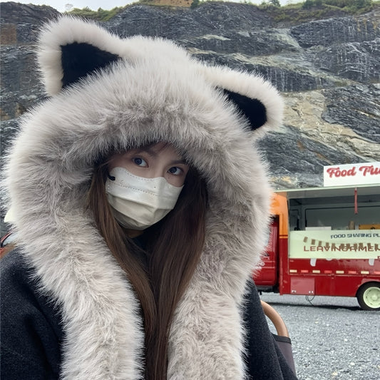 A Soft Polyester Faux Fur Cat Ear Hat with an Integrated Scarf