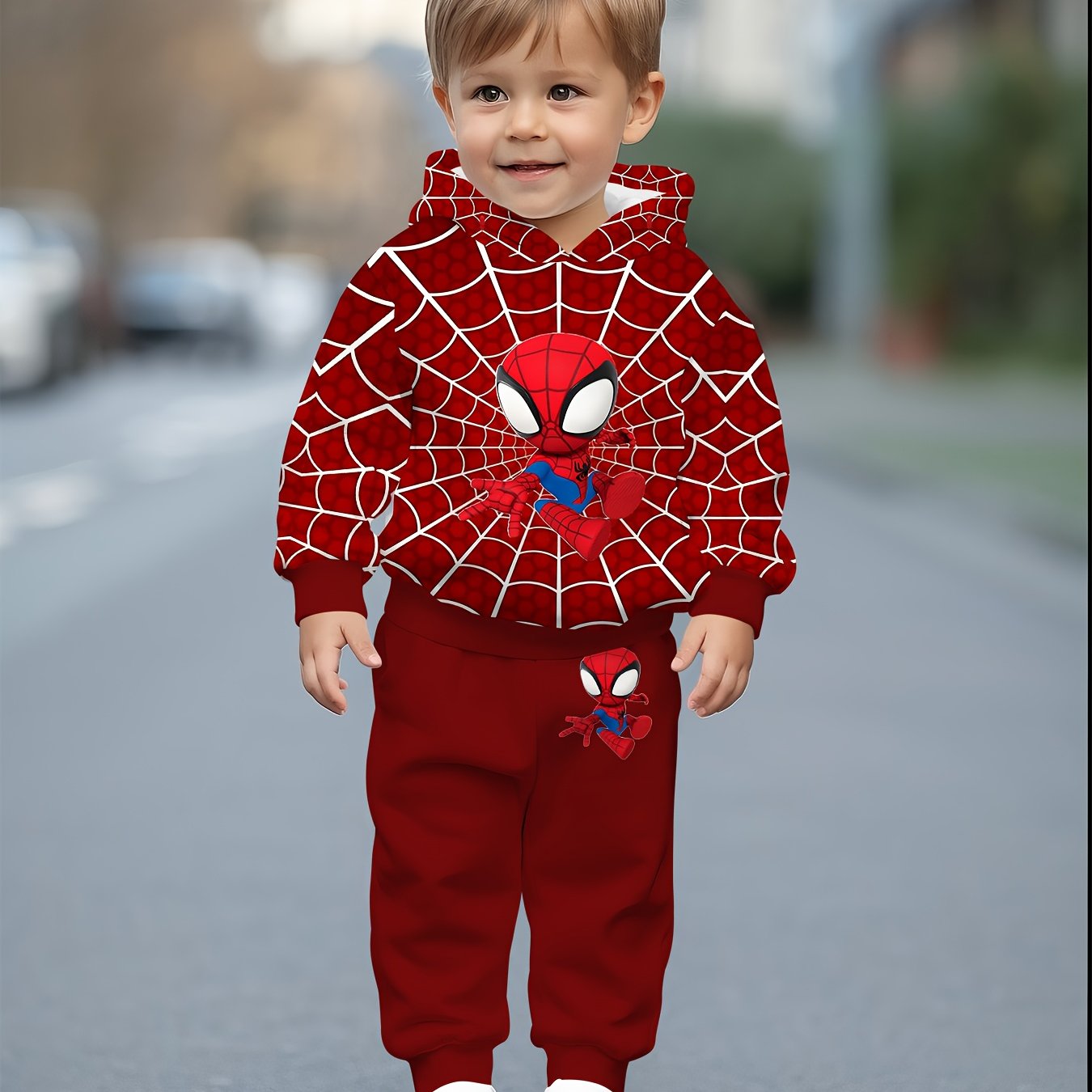 2pcs Spider-Man Tracksuit 2pcs Boys' Q-version Spider-Man Digital Print Tracksuit Set.