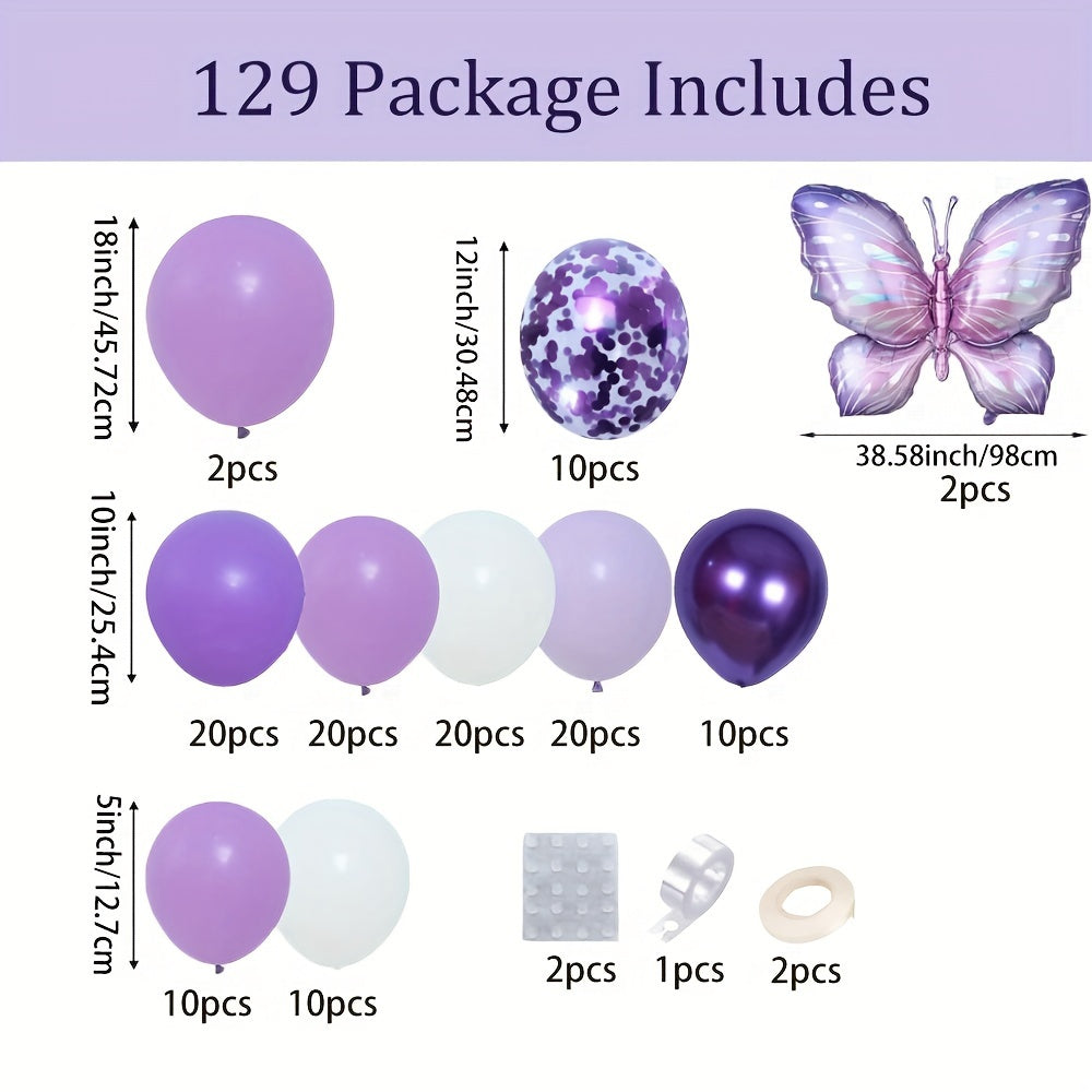 [Purple Butterfly Balloon] 129pcs Purple Butterfly Balloon Garland Arch Kit | Aluminum Film Balloons for Wedding, Engagement, Valentine's Day, Birthday, Anniversary, Indoor & Outdoor Decor, No Electricity Needed