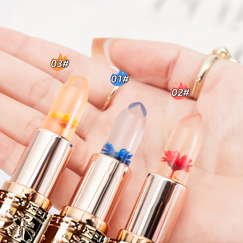 3pcs flower shaped crystal gel lipstick - warm color changing, moisturizing and non mucous membrane, 3 colors, moisturizing and non fading lip gloss