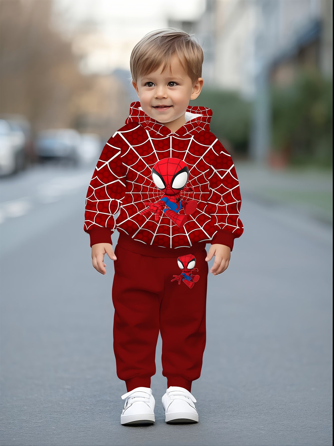 2pcs Spider-Man Tracksuit 2pcs Boys' Q-version Spider-Man Digital Print Tracksuit Set.