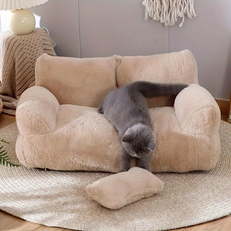 Deluxe Plush Cat Sofa Bed - Cozy, Washable Pet Couch for Small to Medium Cats and Dogs, Soft Polyester Cover