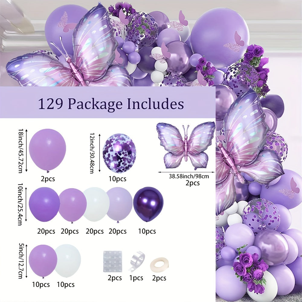 [Purple Butterfly Balloon] 129pcs Purple Butterfly Balloon Garland Arch Kit | Aluminum Film Balloons for Wedding, Engagement, Valentine's Day, Birthday, Anniversary, Indoor & Outdoor Decor, No Electricity Needed