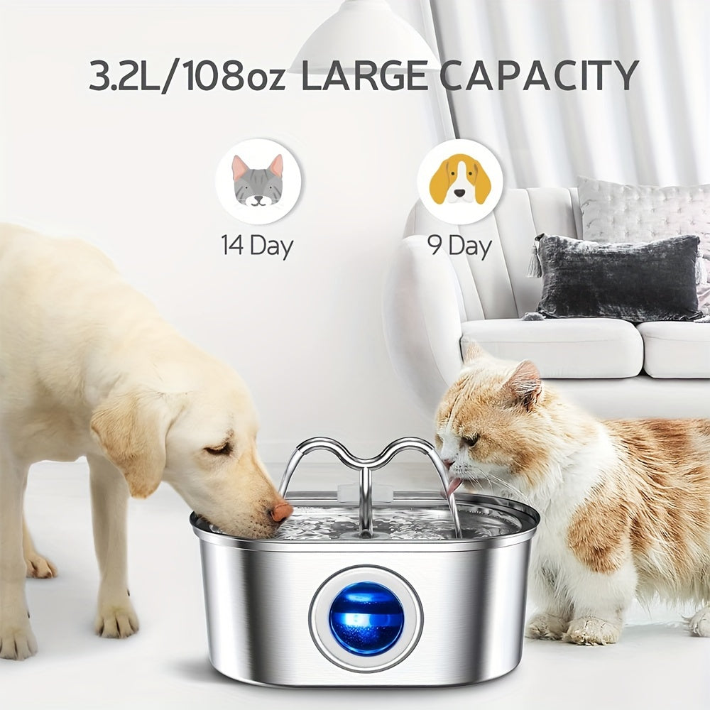 Stainless Steel Double Head Automatic Pet Water Dispenser, Large Capacity Mute Filter Dog Water Bowl, USB Powered, No Plug Required, Without Battery