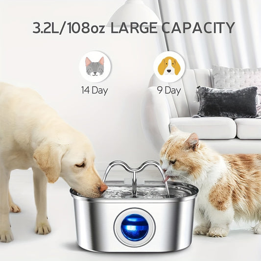 Stainless Steel Double Head Automatic Pet Water Dispenser, Large Capacity Mute Filter Dog Water Bowl, USB Powered, No Plug Required, Without Battery