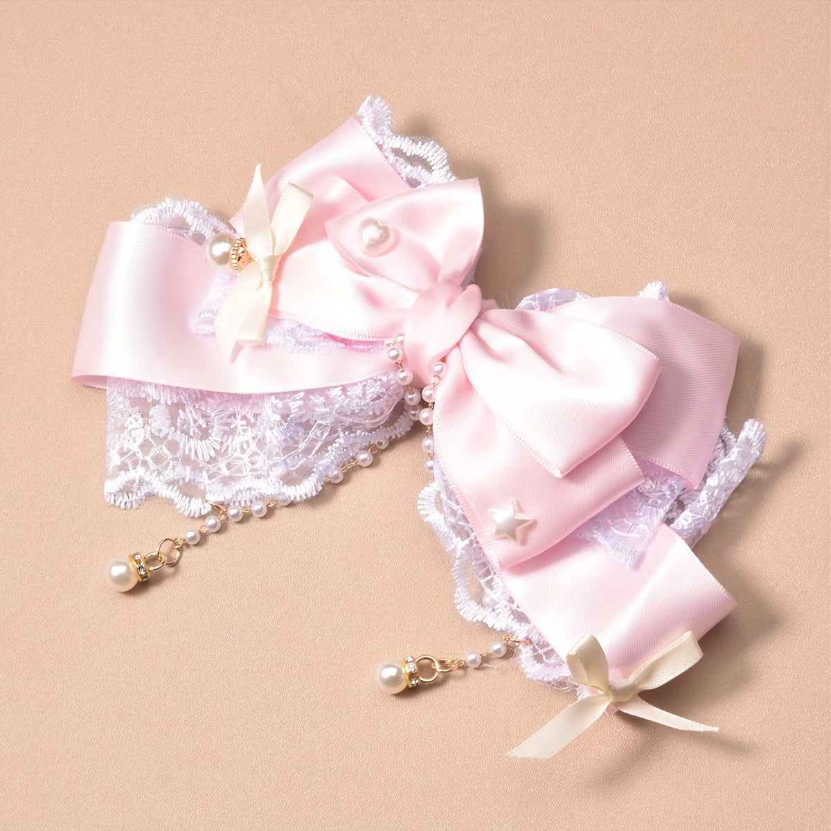 Trendy Polyester Lace Ribbon, Large Bow Hairpin with Pearl Chain - Stylish, Unique, Sweet, Cute, Pink Headband for Everyday Outfits