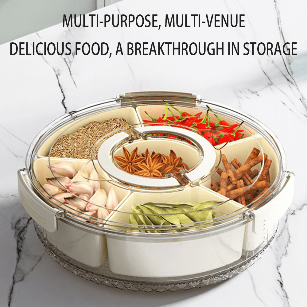 Rotating Snack Containers, High Capacity Divided Fruit Veggie Tray with 6 Compartments,