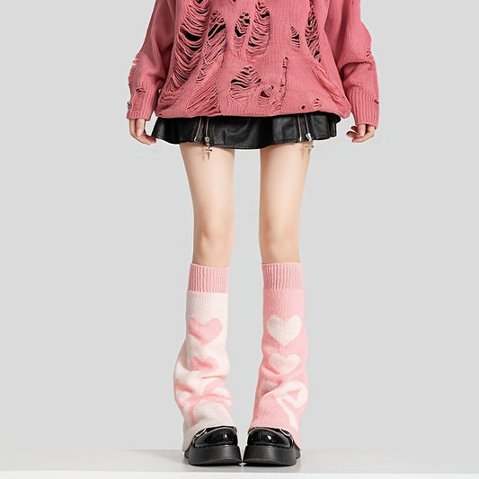 [Punk Knee Socks] Reversible Y2K Punk Gothic Knee High Socks | Lolita Style Heart Pattern, Warm Acrylic Knit Fabric, Women's Autumn Winter Knee Warmers, 90% Acrylic 10% Polyester