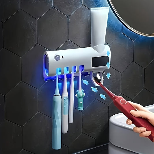 3-in-1 UV Toothbrush Holder with Automatic Toothpaste Dispenser, Wall-Mounted Bathroom Organizer, USB Rechargeable, Easy-to-Use Design, White Plastic Material, Toothbrush Sanitization | Minimalist Toothbrush Holder | Clean Vi