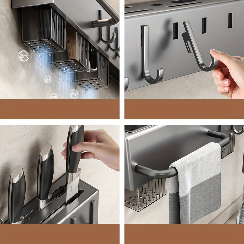Space-Saving 1pc Multi-functional Metal and Plastic Wall-Mounted Kitchen Utensil Rack, No-Drill Cutlery Storage Shelf, Easy to Install Kitchen Organizer for Kitchen Tools and Accessories