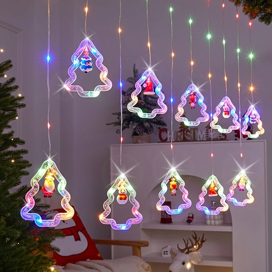 USB Powered Classic LED Christmas Curtain Lights | Multi-Color Star And Wish Ball Hanging Ornaments, Santa Claus Theme Indoor Holiday Decorations with Push Button Control, No Battery Needed Hall