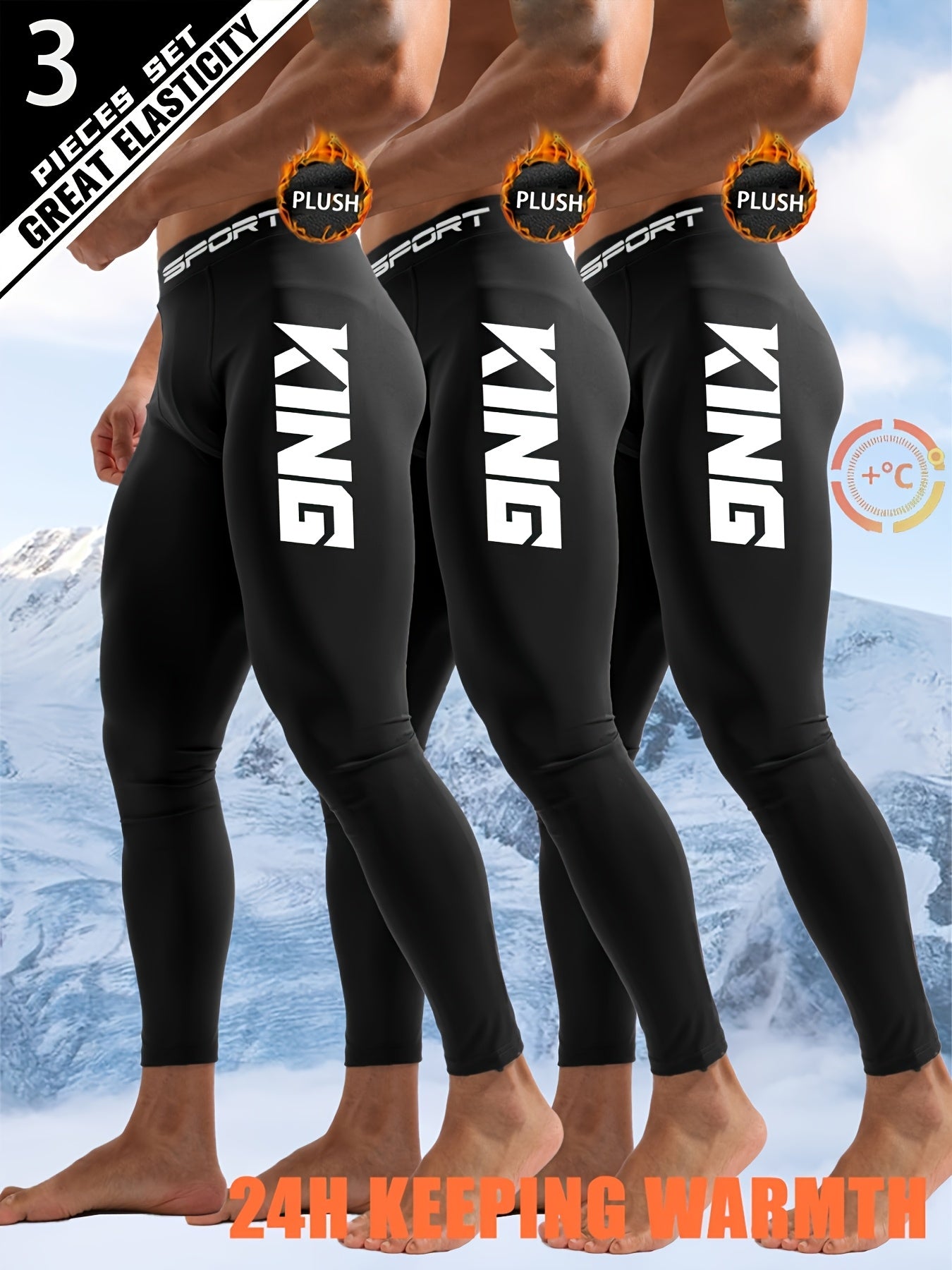 3pcs Men'S Thermal Leggings - Black with KING Print, Plush Lined, High Elasticity, 24H Warmth Retention, Ideal for Winter.