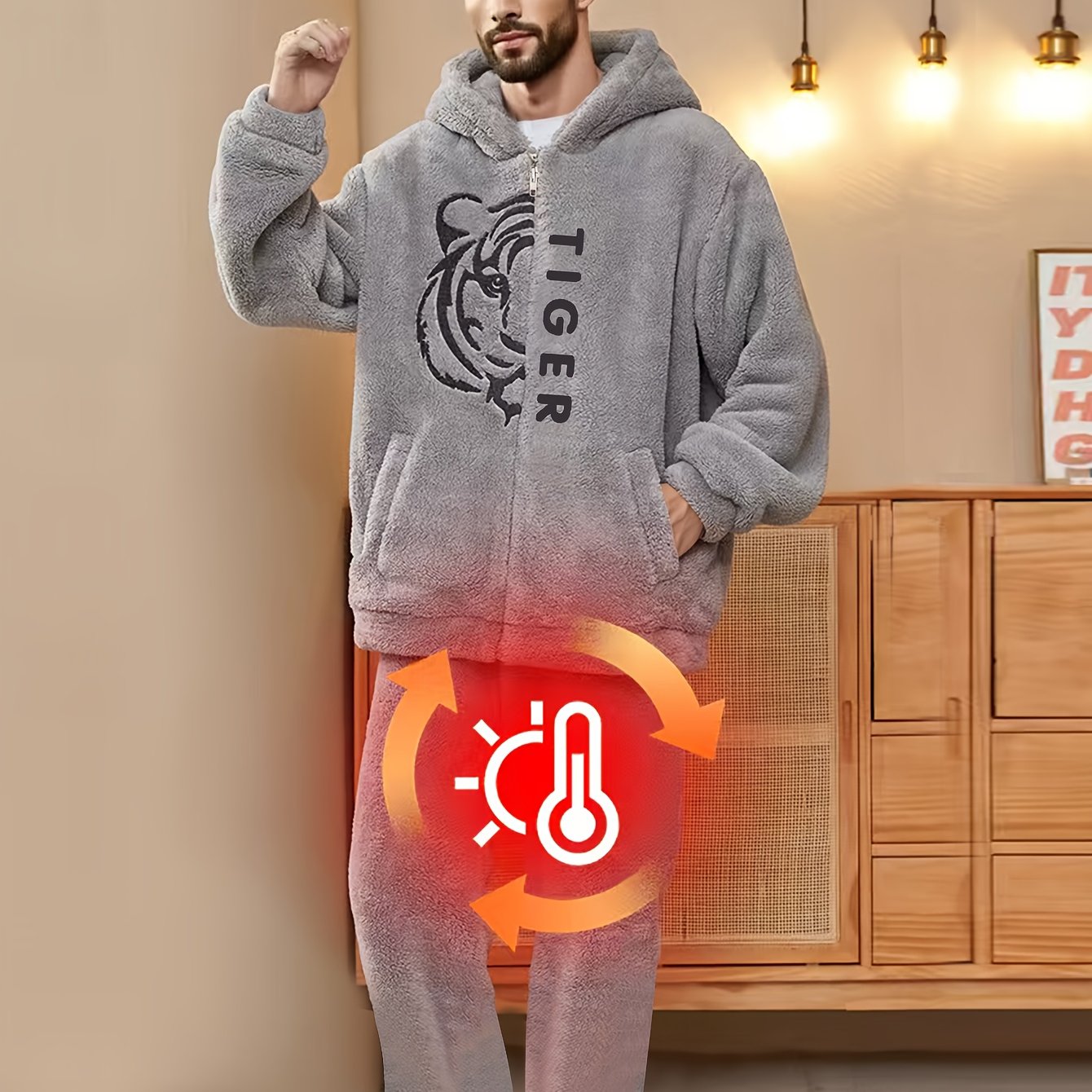 Flannel 2025 Winter New 2-Piece Tiger Embroidered Long Pants Loungewear Set.