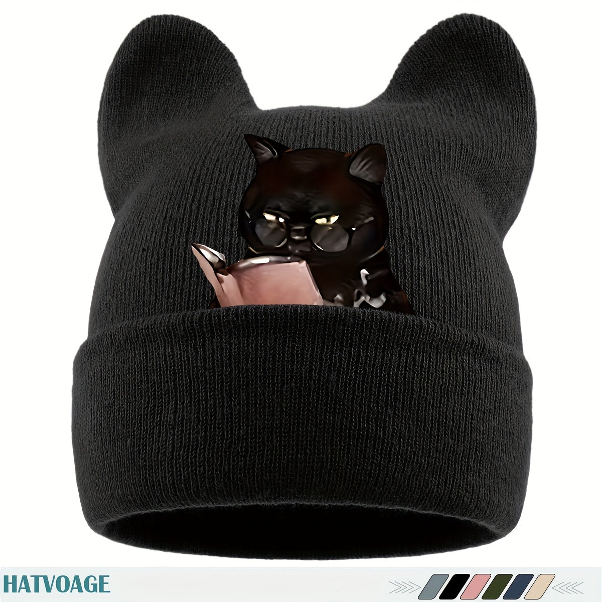 1pc Cute Black & White Cat Ear Beanie Hat with Book-Loving Siamese Cat Face