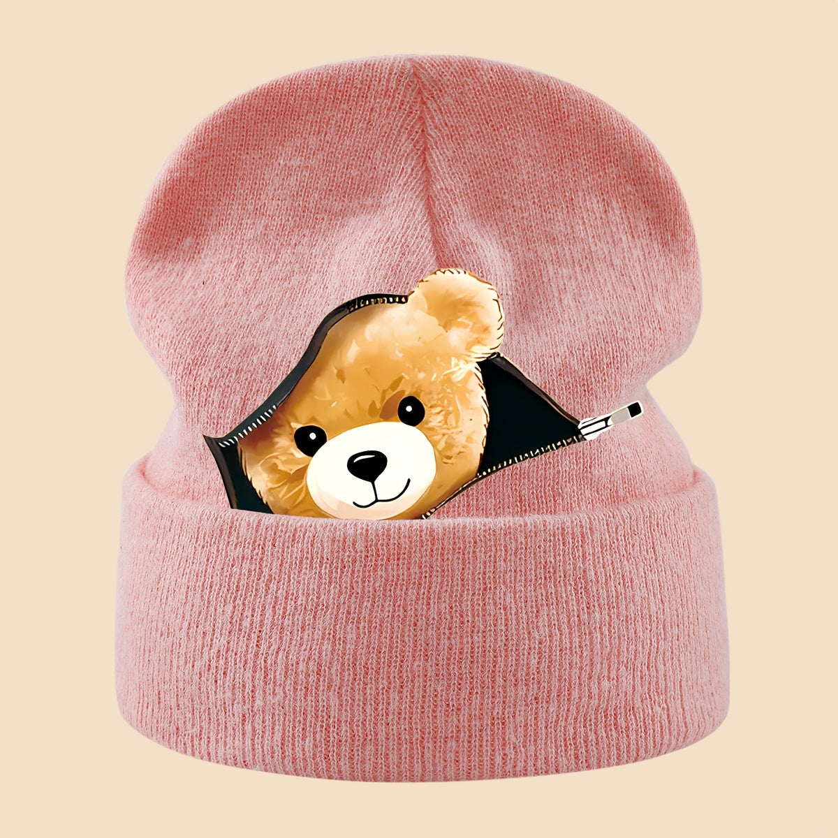 1pc Warm Skull with Zipper Bear Print, Unisex Loose-Fit Beanie for Men and Women - Cozy Fall/Winter Cold Weather Protection, Versatile Casual Hat for Commuting, Travel & Holiday Gifts, Fashionable Headwear, Perfect For Outdoo