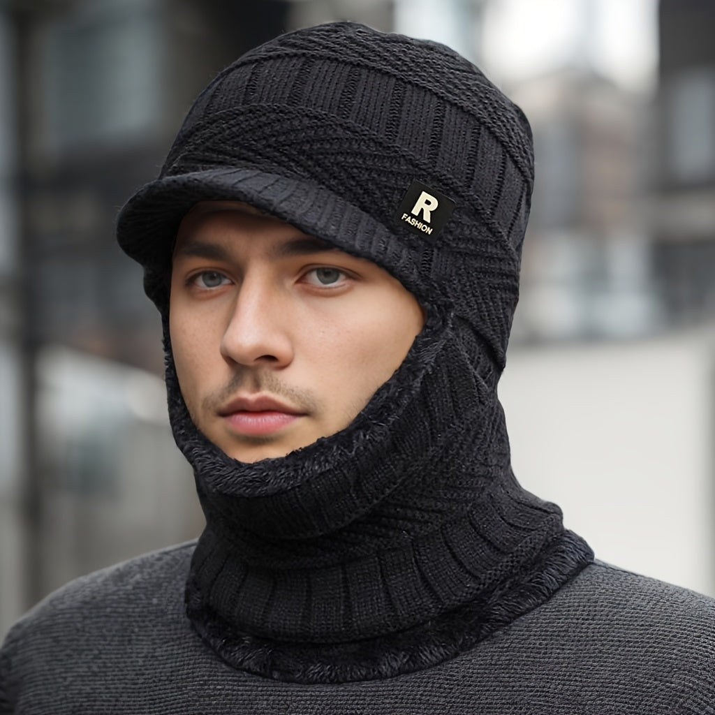 Men's Winter Beanie Hat with Integrated Neck Warmer and Fleece Lining