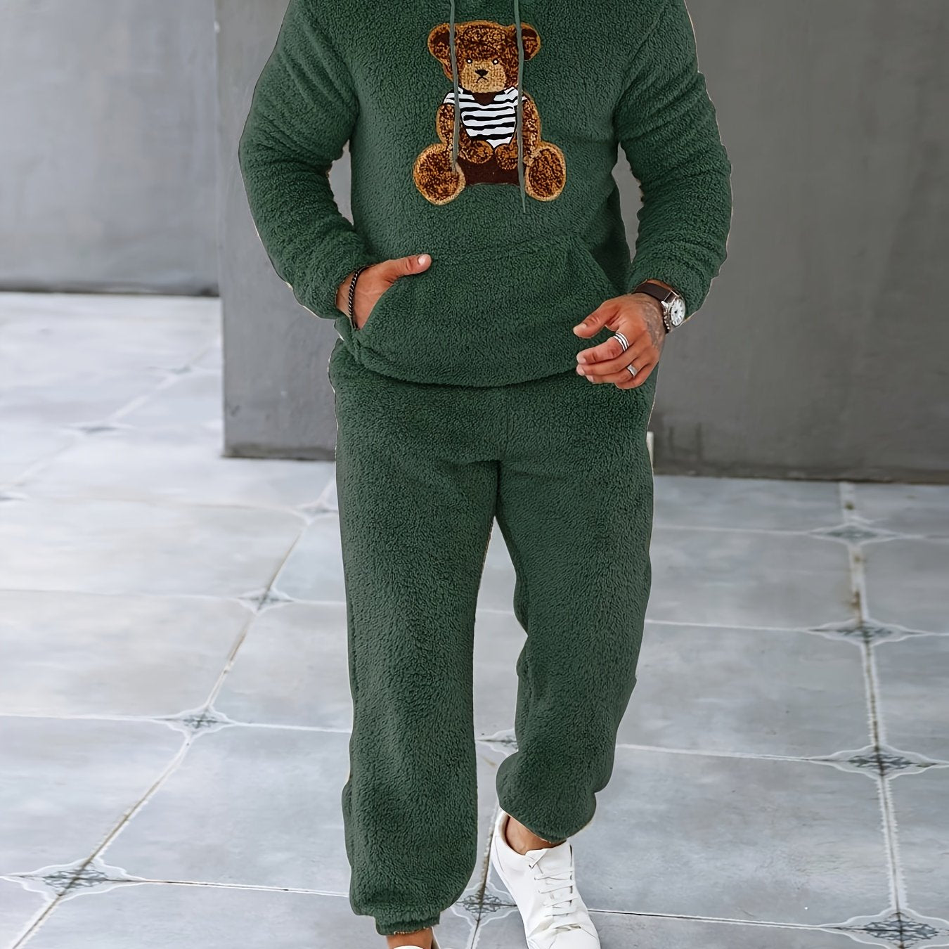 2Pcs Men's Fuzzy Fleece Casual Hoodies Long Sleeve Hooded Sweatshirt And Sweatpants Joggers Set For Winter Fall