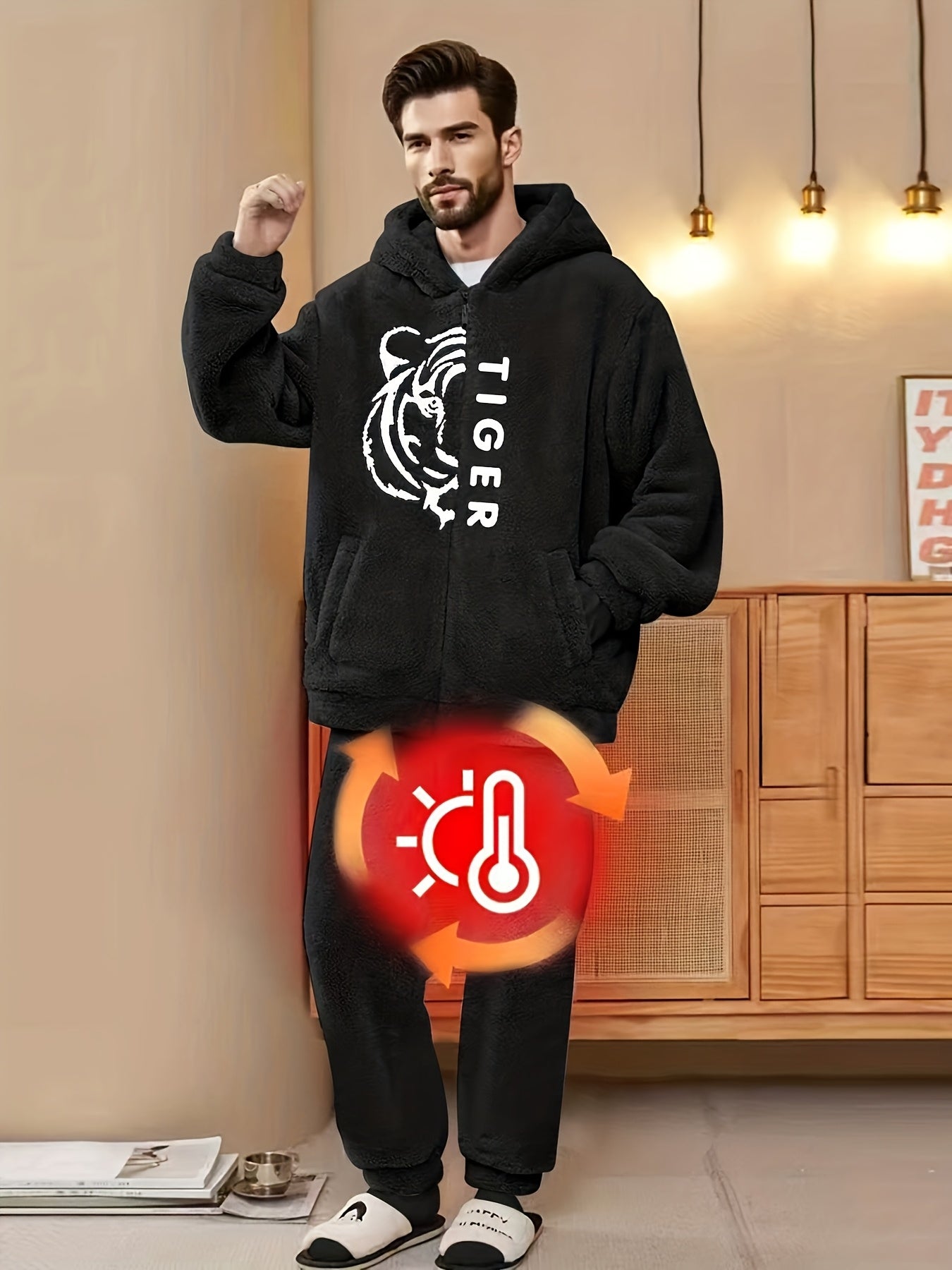 Flannel 2025 Winter New 2-Piece Tiger Embroidered Long Pants Loungewear Set.