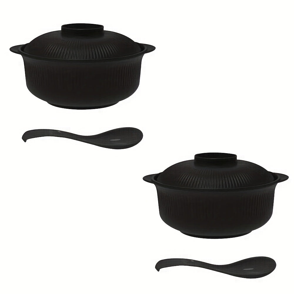 [Large Capacity] 4pcs Set of Large Capacity Casserole Bowls with Lids and Long Soup Spoons | 1100ml/38oz | Portable Large Soup Bowls, Japanese & Korean Ramen Bowls, Couple's Rice Bowls, Dinner Bowls, Romantic Bowls for Family