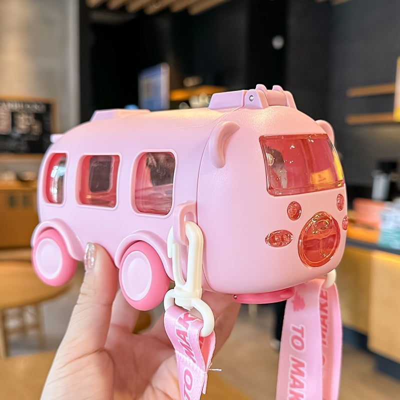 Portable Cute 500ml/17oz Soft Straw Water Cup - 1pc Bus Shaped Water Bottle with Shoulder Strap - For Outdoor Sports, Fitness, Travel