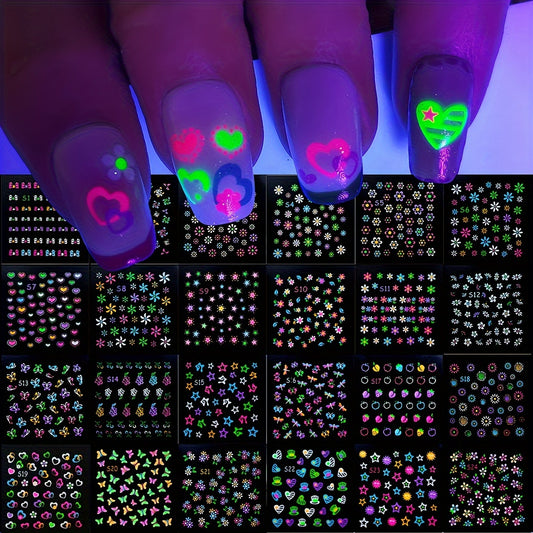 24 Sheets 3D Glow in The Dark Neon Nail Stickers Glittery Glossy Self-Adhesive Nail Art Stickers Butterfly Love Heart Flower Nail Art Decoration for Women Girl DIY Nail Art Deco