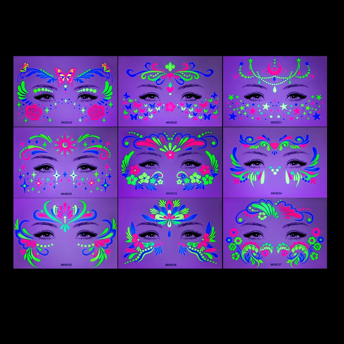 9 Sheets Neon Temporary Tattoos, Blacklight Waterproof Tattoo Stickers, Facial & Body Art Makeup for Night Parties, Music Festivals, and Events, Various Design