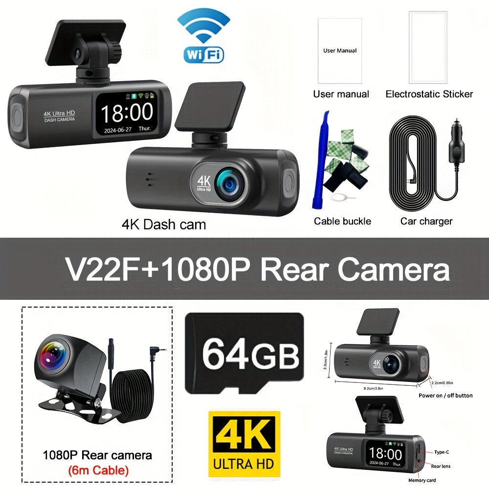 Mini 4K Dash Cam, Dual Lens, WiFi, 64GB
