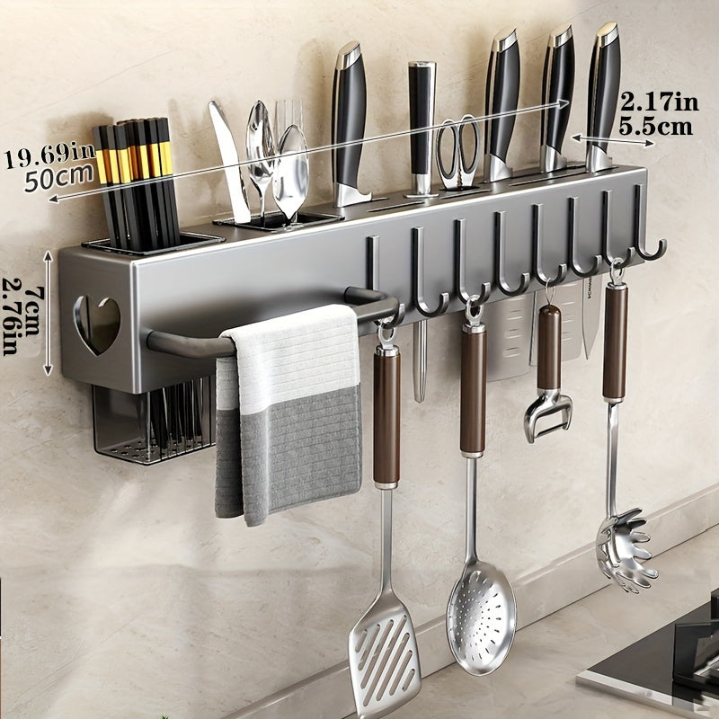 Space-Saving 1pc Multi-functional Metal and Plastic Wall-Mounted Kitchen Utensil Rack, No-Drill Cutlery Storage Shelf, Easy to Install Kitchen Organizer for Kitchen Tools and Accessories