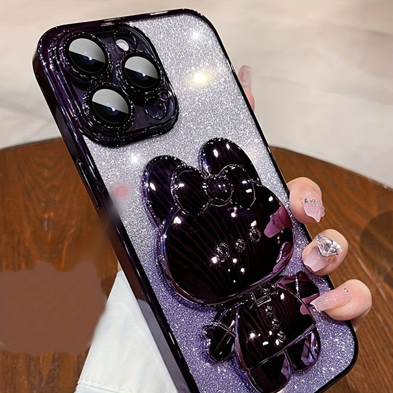 1 deluxe electroplated case for Apple iPhone 15/14/13/12/11Pro max, romantic - Cute bunny phone holder and hidden holder - shockproof ultra-thin protection, Easter - Valentine's Day gift