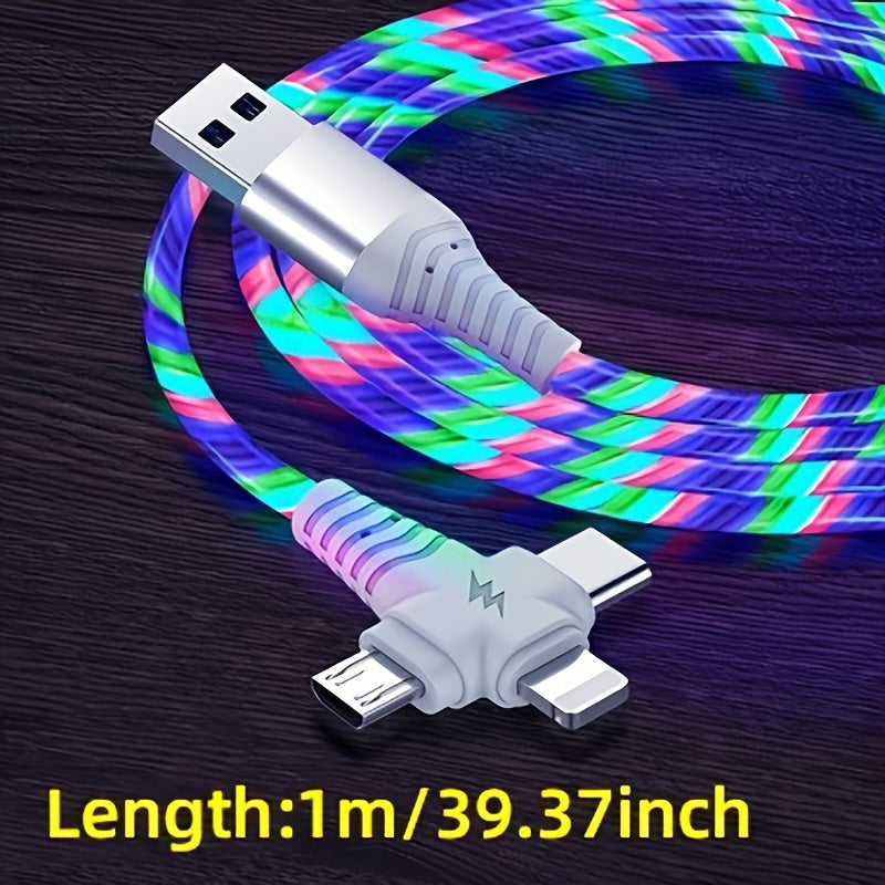 3-in-1 Flowing Glow Cable - Fast Charging Micro USB Type-C for iPhone 14, 13, 12, 11 Pro Max, XS, XR, SE 8, 7, 6 | Compatible with Samsung, Xiaomi, Oppo, Vivo, Lenovo | 1M Length, 10-20W Output, ≤36V, 1M Charging Cable | Vi