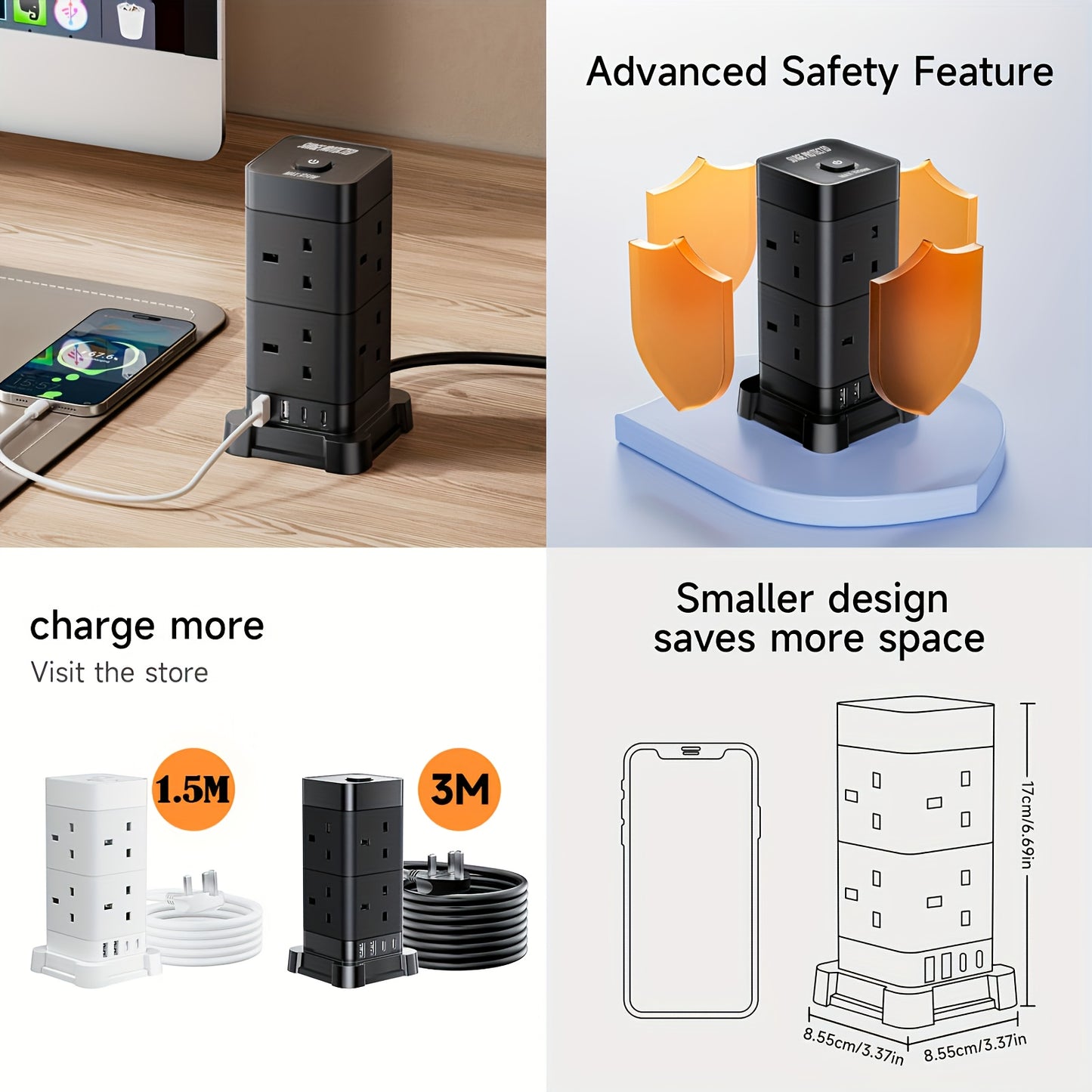 16-in-1 UK Power Strip Tower with USB