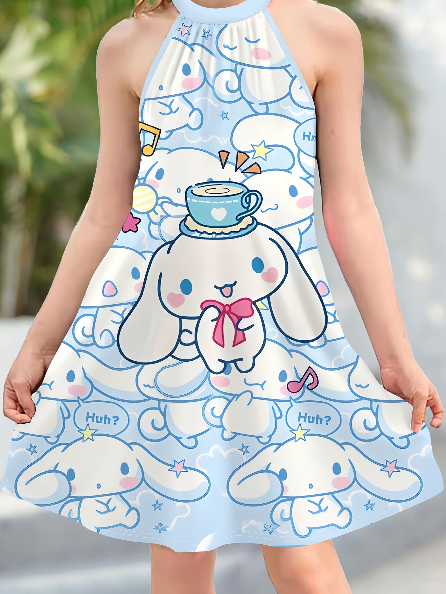 Sanrio Girls' Cute 3D Print Halter Dress - Hello Kitty, Kuromi & My Melody Cartoon Design, White with Blue Background, Sleeveless Summer Dress, Machine Washable, Perfect for Youngsters, Beach Playwear | Cartoon Print Dress |