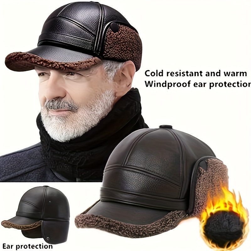 Men's Winter Warm Hat Thickened Ear Flap Cap with Faux Leather