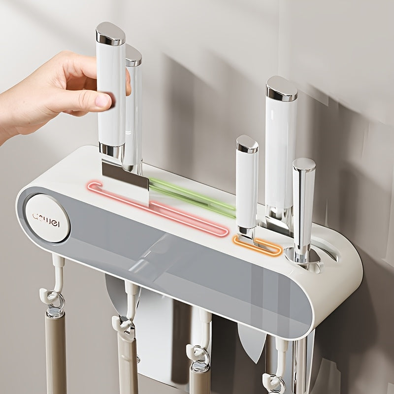 Multifunctional Wall Hanging Knife Holder, Can Hold Multiple Knives, with Integrated Sharpening Stone, Equipped with 4 Hooks, Suitable for Spatulas, Funnel, Kitchen Tools