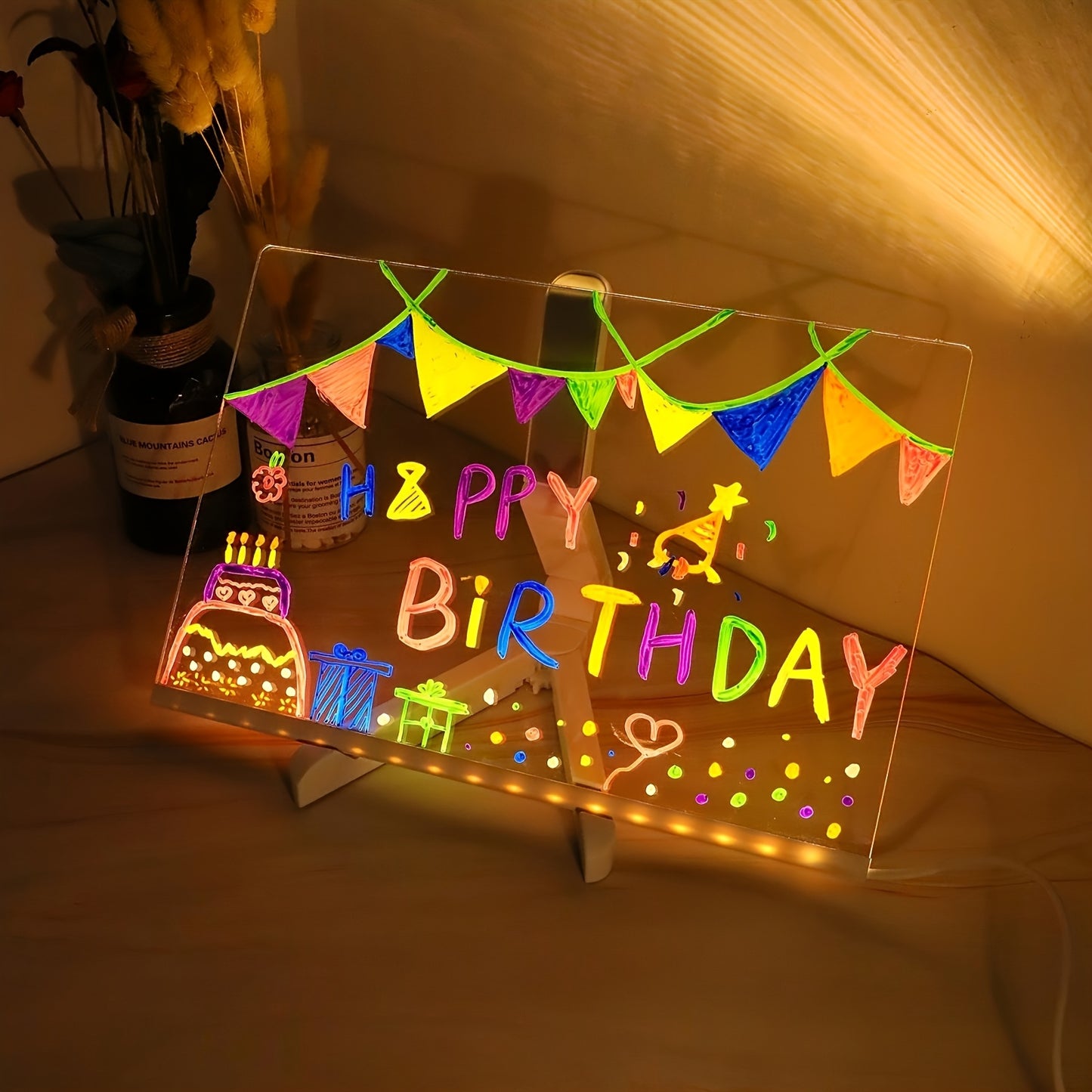 [1pc Luminous LED Drawing Board] 1pc Luminous Drawing Board, Creative Design Transparent Acrylic LED Light Panel, USB Powered Erasable Graffiti Board with 7 Color Markers, Desktop Memo Pad with Stand, Ideal for Home, Office D