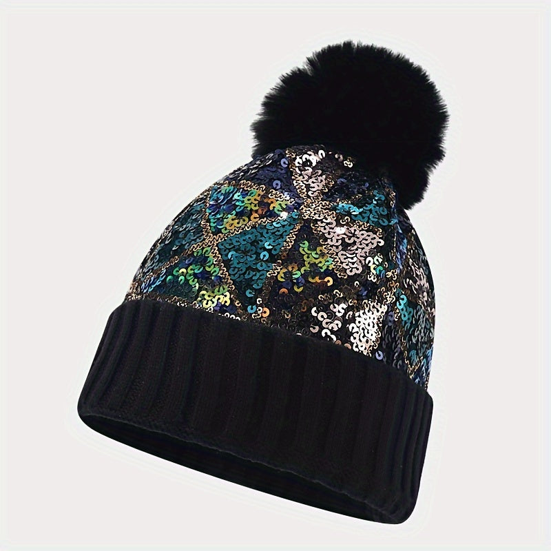 Sparkling Sequin Beanie Hat with Pom-Pom