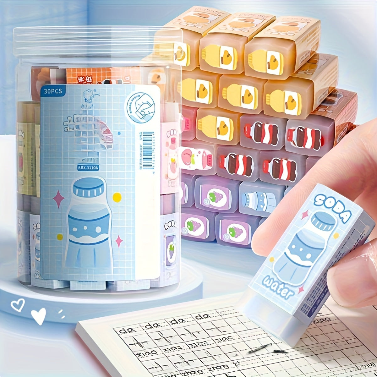 30pcs Cute Cartoon Animals & Fruits Erasers, Rectangular Shape with Charming Designs, Transparent Synthetic Rubber, Perfect for Students' School Supplies or Small Gifts