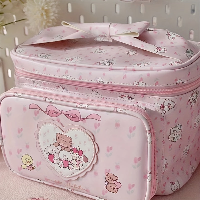 Cute Pink Synthetic Leather Makeup Bag - Large Capacity, Adorable Bear & Heart Design, 1pc | Perfect for Women's Cosmetics Storage